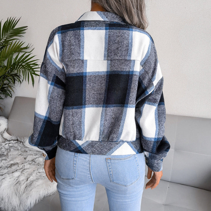 Women's Casual Checked Cropped Jacket with Lapels, Buttons, and Long Sleeves