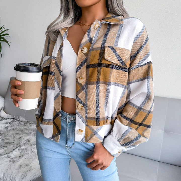 Women's Casual Checked Cropped Jacket with Lapels, Buttons, and Long Sleeves Black