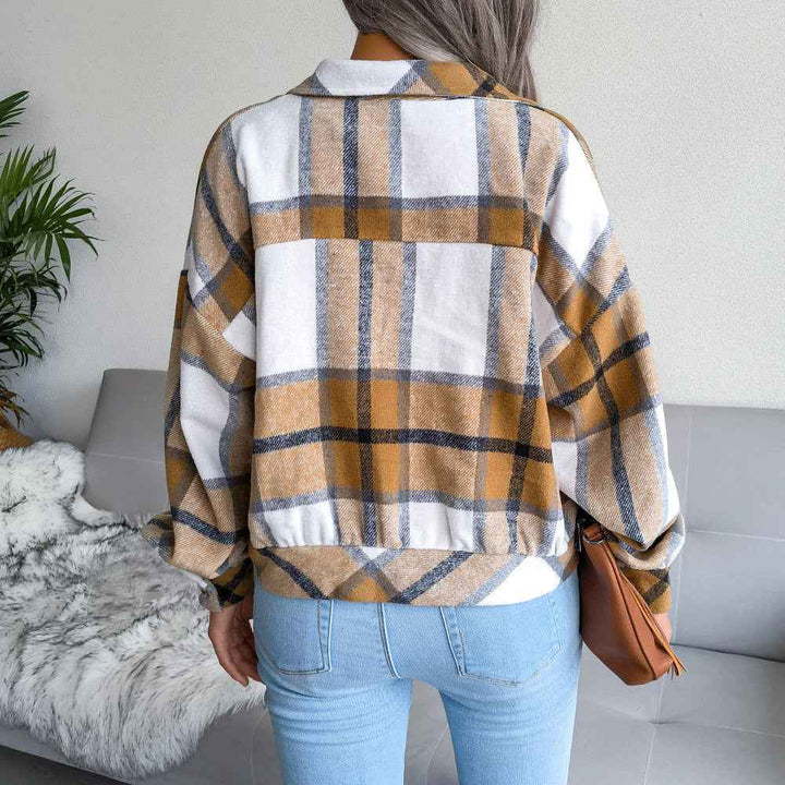 Women's Casual Checked Cropped Jacket with Lapels, Buttons, and Long Sleeves