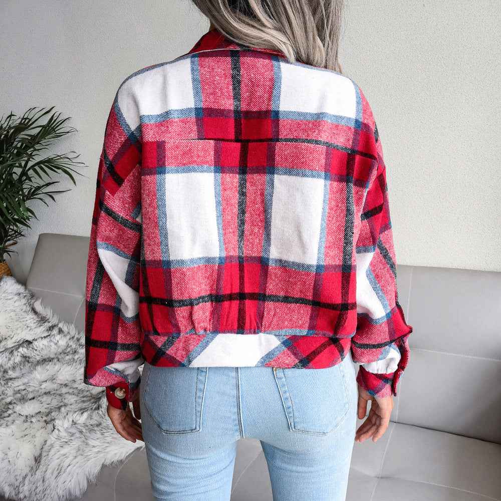 Women's Casual Checked Cropped Jacket with Lapels, Buttons, and Long Sleeves