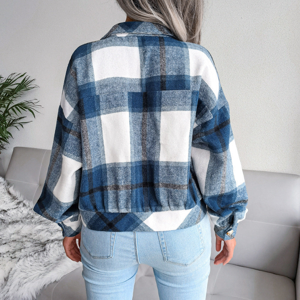 Women's Casual Checked Cropped Jacket with Lapels, Buttons, and Long Sleeves