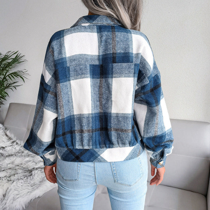 Women's Casual Checked Cropped Jacket with Lapels, Buttons, and Long Sleeves