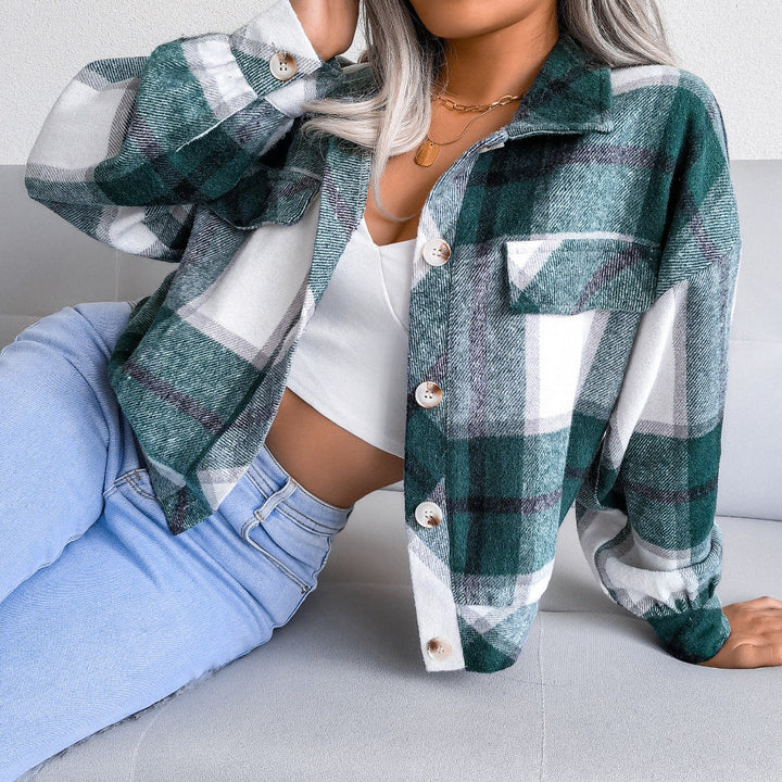 Women's Casual Checked Cropped Jacket with Lapels, Buttons, and Long Sleeves