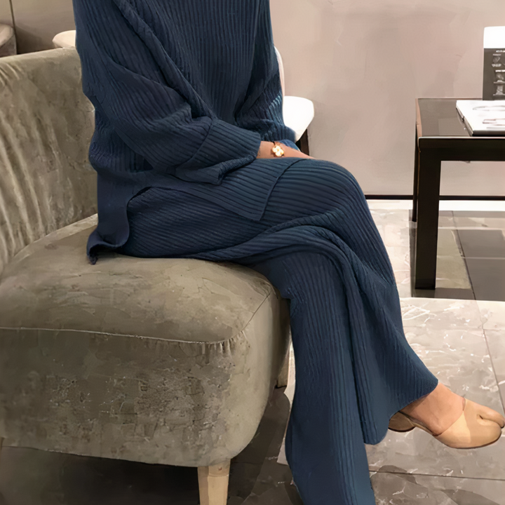 Women's Casual Knitted Sweater and Pants Set Blue