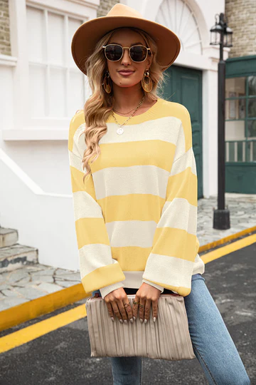 Women's Casual Striped Knitted Sweater Yellow