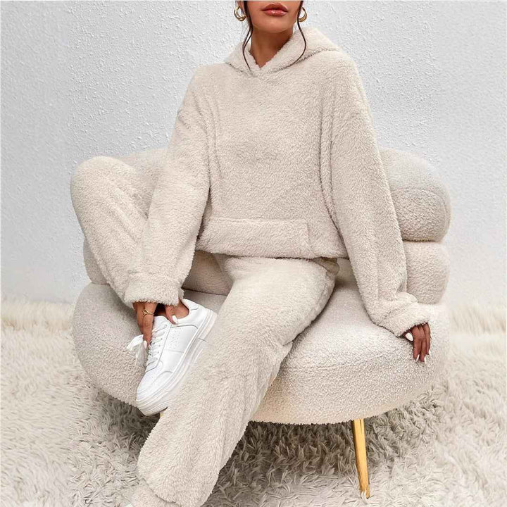 Women's Casual Two-Piece Set – Soft Plush Pullover Hoodie & Wide-Leg Pants Apricot