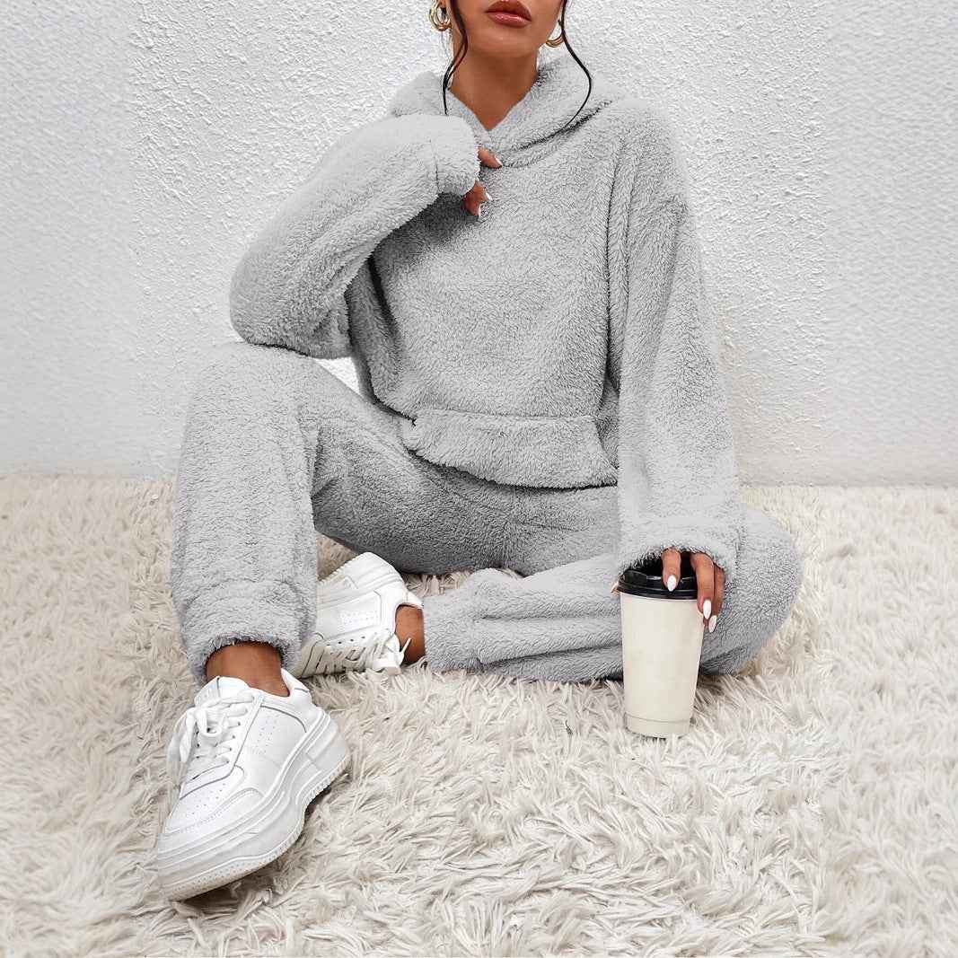 Women's Casual Two-Piece Set – Soft Plush Pullover Hoodie & Wide-Leg Pants Grey