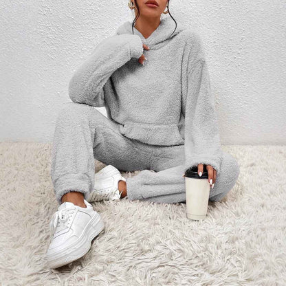 Women's Two-Piece Set Plush Pullover Hoodie & Wide-Leg Pants Grey