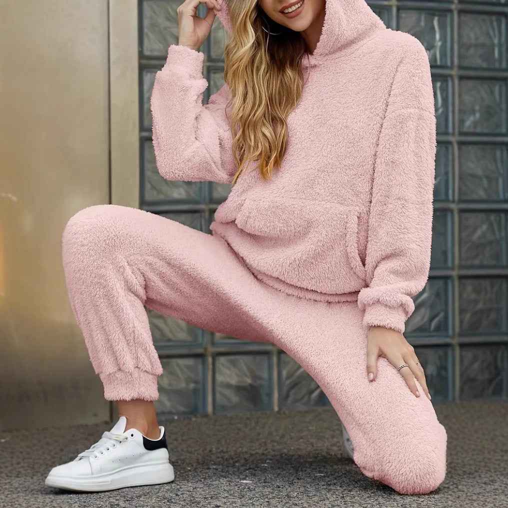 Women's Casual Two-Piece Set – Soft Plush Pullover Hoodie & Wide-Leg Pants Pink