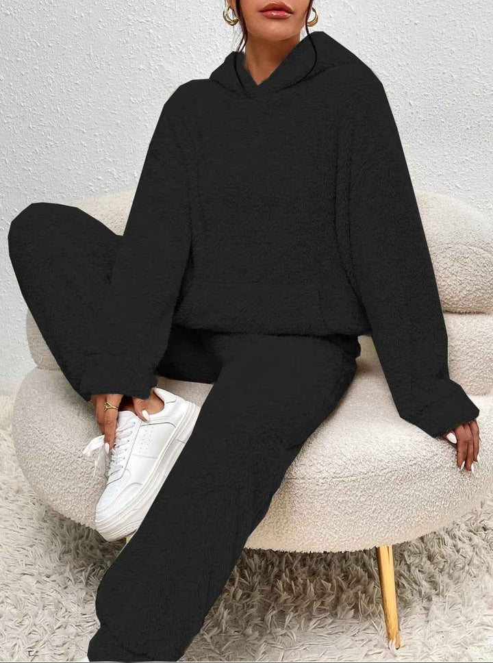 Women's Casual Two-Piece Set – Soft Plush Pullover Hoodie & Wide-Leg Pants Black
