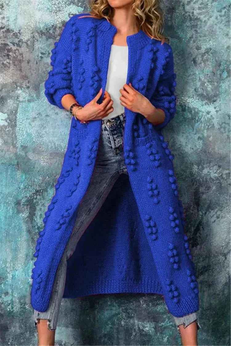 Women's Chunky Knit Long Cardigan Open Front with Pompon Detail Fit Blue