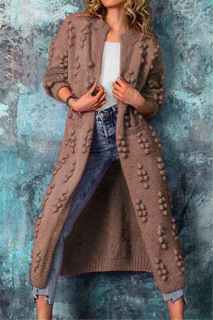 Women's Chunky Knit Long Cardigan Open Front with Pompon Detail Fit Khaki