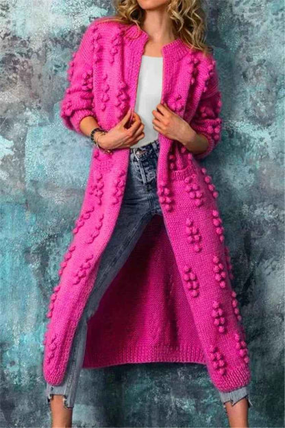 Women's Chunky Knit Long Cardigan Open Front with Pompon Detail Fit Pink