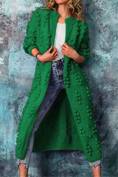 Women's Chunky Knit Long Cardigan Open Front with Pompon Detail Fit Green