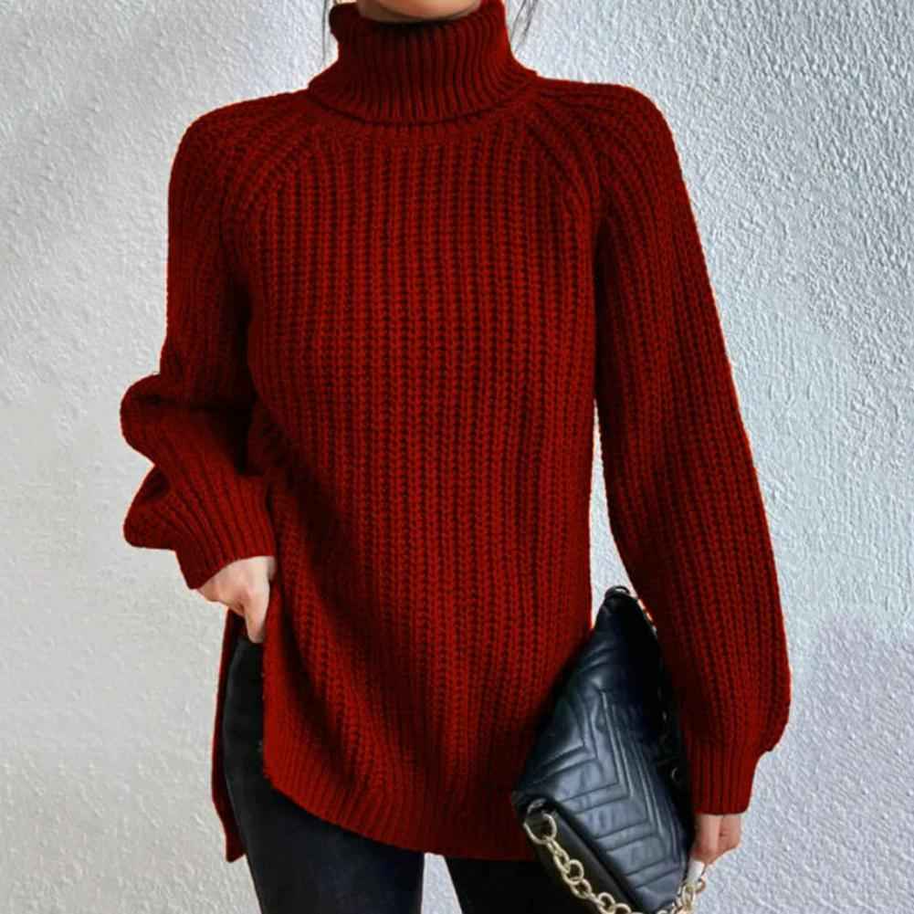 Women's Chunky Knit Puff Shoulder Loose Fit Roll Neck Sweater Red