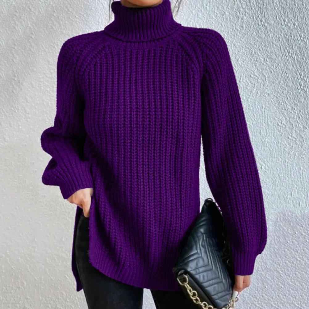 Women's Chunky Knit Puff Shoulder Loose Fit Roll Neck Sweater Purple