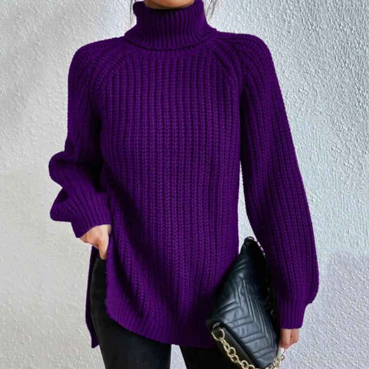 Women's Chunky Knit Puff Shoulder Loose Fit Roll Neck Sweater Purple