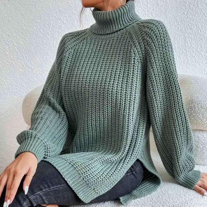 Women's Chunky Knit Puff Shoulder Loose Fit Roll Neck Sweater Green