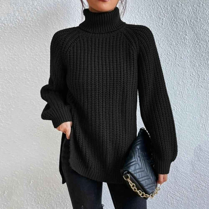 Women's Chunky Knit Puff Shoulder Loose Fit Roll Neck Sweater Black