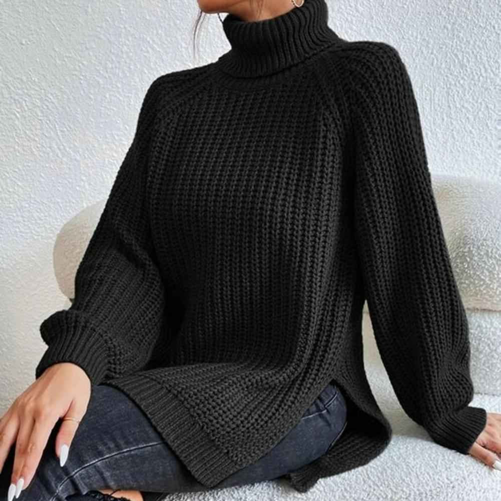 Women's Chunky Knit Puff Shoulder Loose Fit Roll Neck Sweater