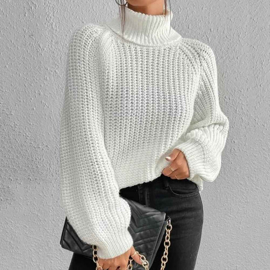 Women's Chunky Knit Puff Shoulder Loose Fit Roll Neck Sweater White