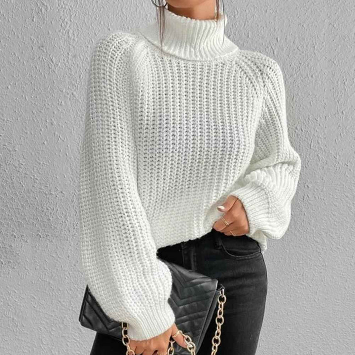 Women's Chunky Knit Puff Shoulder Loose Fit Roll Neck Sweater White