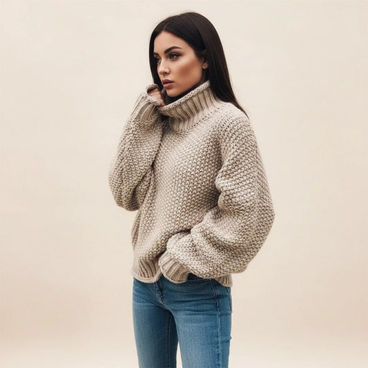 Women's Warm Cozy Oversized Chunky Knit Turtleneck Sweater Khaki