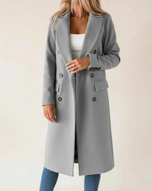 Women's Long Double Breasted Button Front Notch Lapel Trench Coat Gray