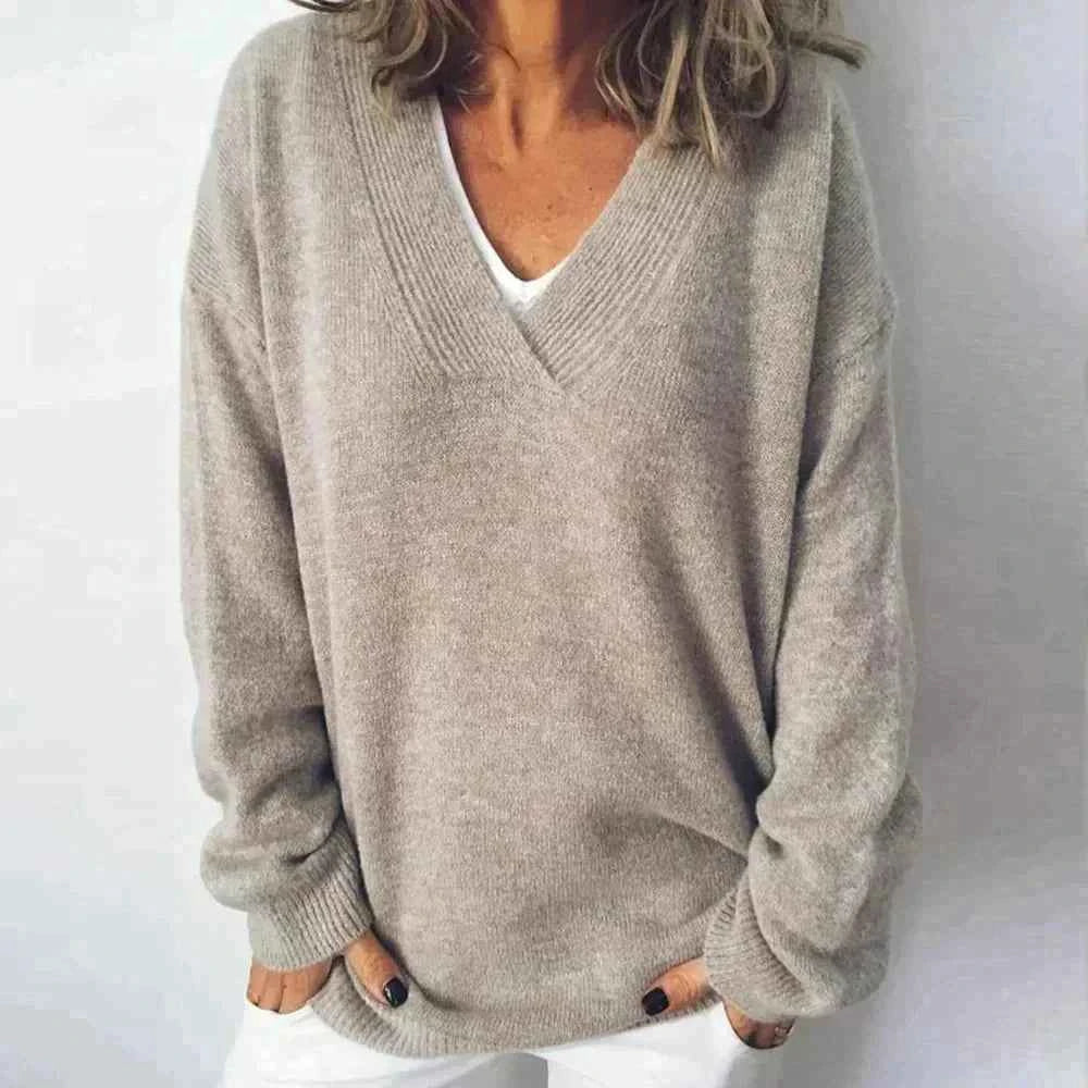 Women's Classic V-Neck Knit Cashmere Sweater Grey