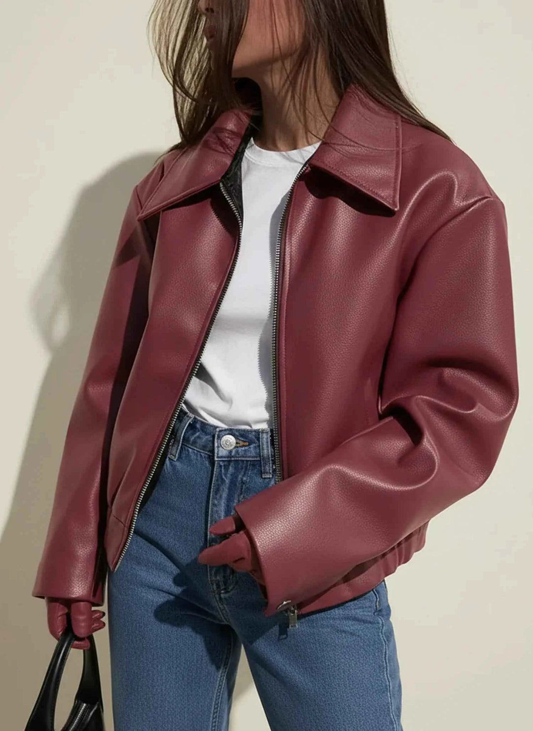 Women's Collared Cropped Jacket Maroon