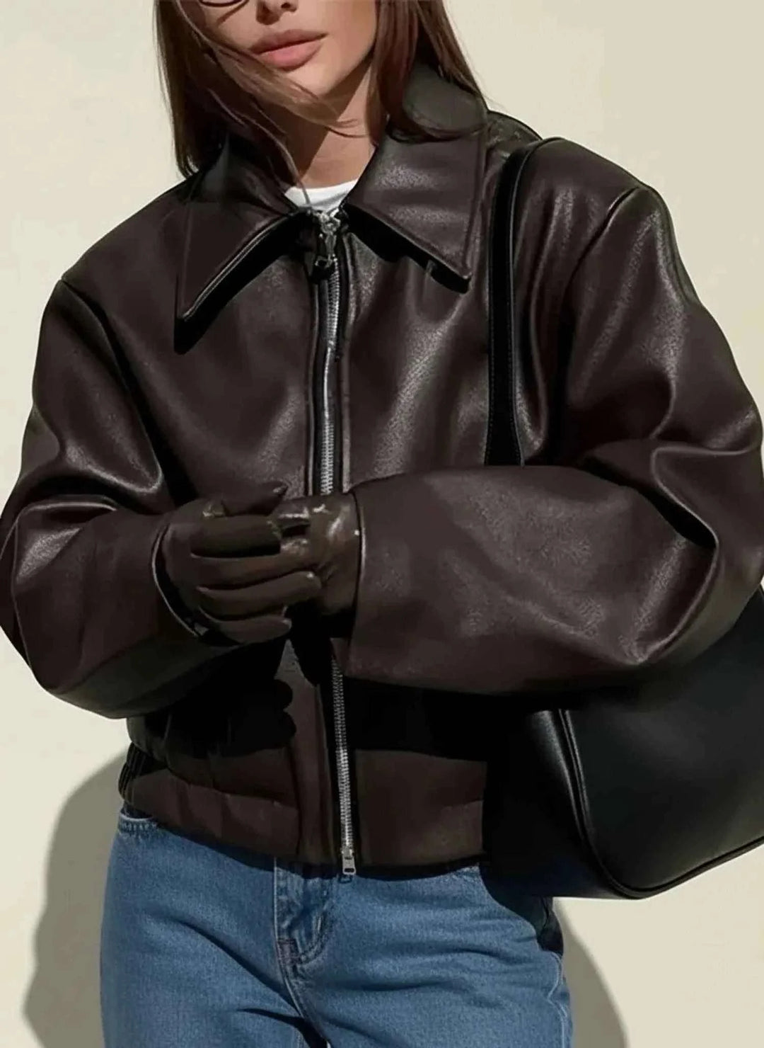 Women's Collared Cropped Jacket Dark Brown