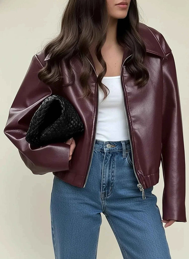 Women's Collared Cropped Jacket Burgundy