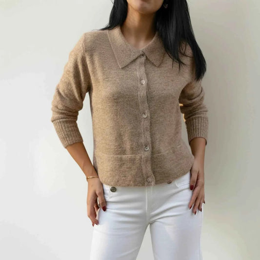 Women's Cropped Collared Button Front Long Sleeve Beige Cardigan