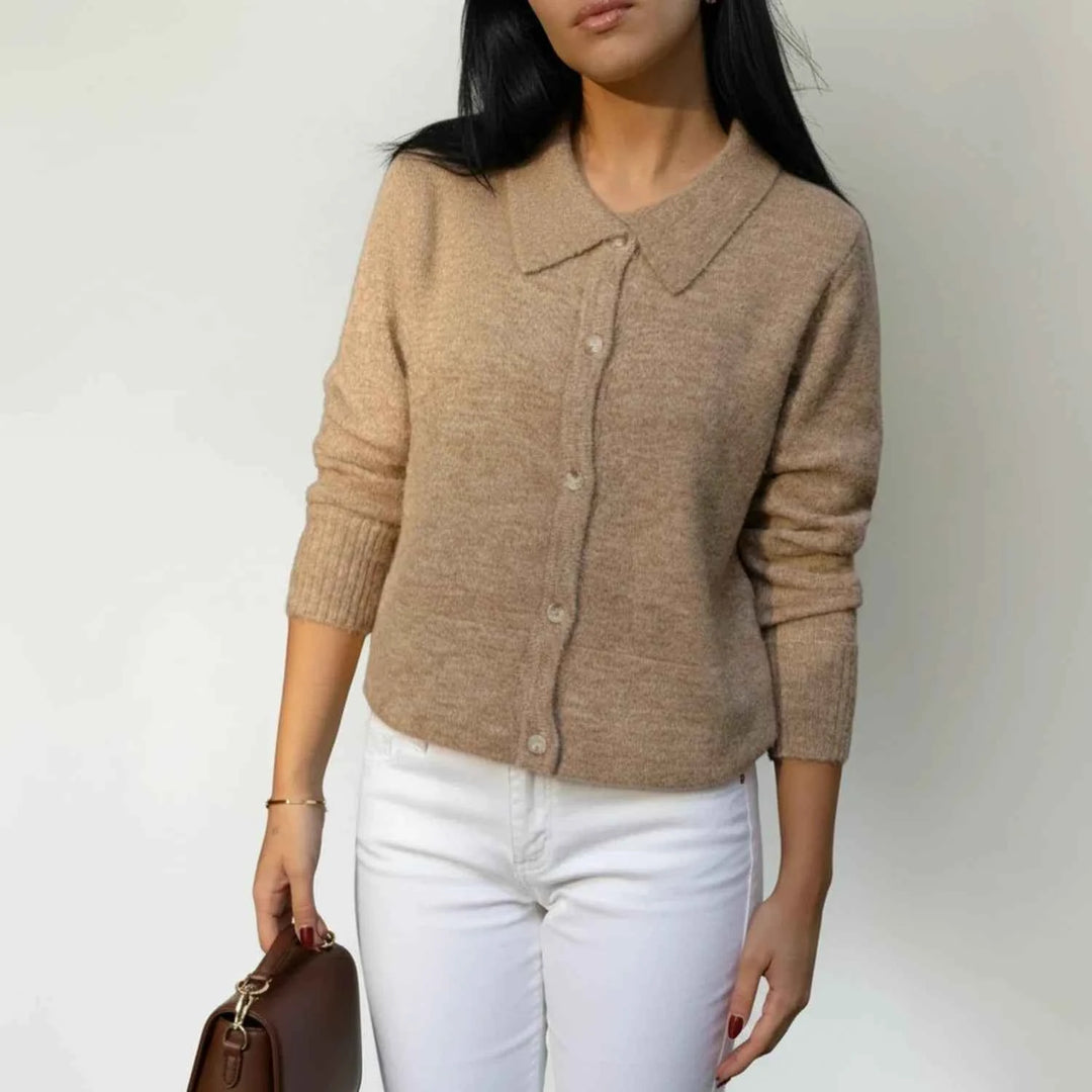 Women's Collared Winter Cardigan Sweater Beige