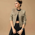 Women's Cropped Button Front Patch Pocket Khaki Winter Blazer Khaki