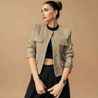 Women's Cropped Button Front Patch Pocket Khaki Winter Blazer Khaki