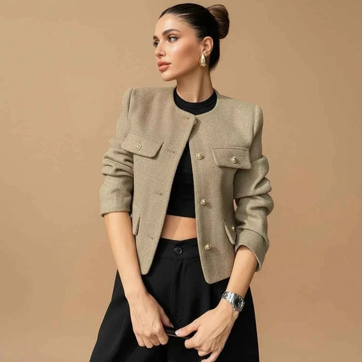 Women's Collarless Cropped Blazer Jacket Khaki