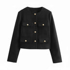 Women's Cropped Button Front Patch Pocket Khaki Winter Blazer Black