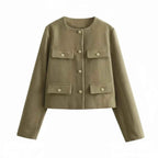 Women's Cropped Button Front Patch Pocket Khaki Winter Blazer