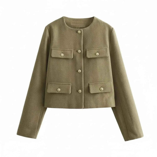 Women's Cropped Button Front Patch Pocket Khaki Winter Blazer