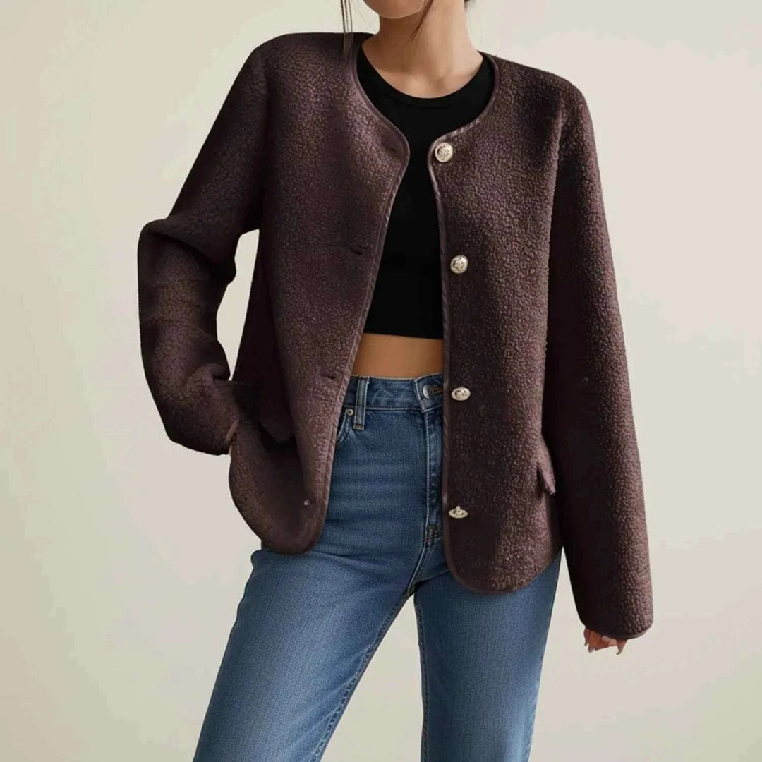 Women's Collarless Tweed Style Jacket Dark Brown