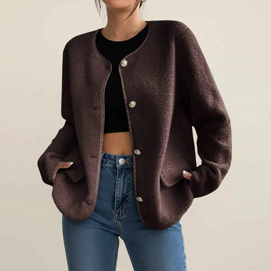 Women's Tweed Button Front Patch Pocket Relaxed Fit Dark Brown Jacket