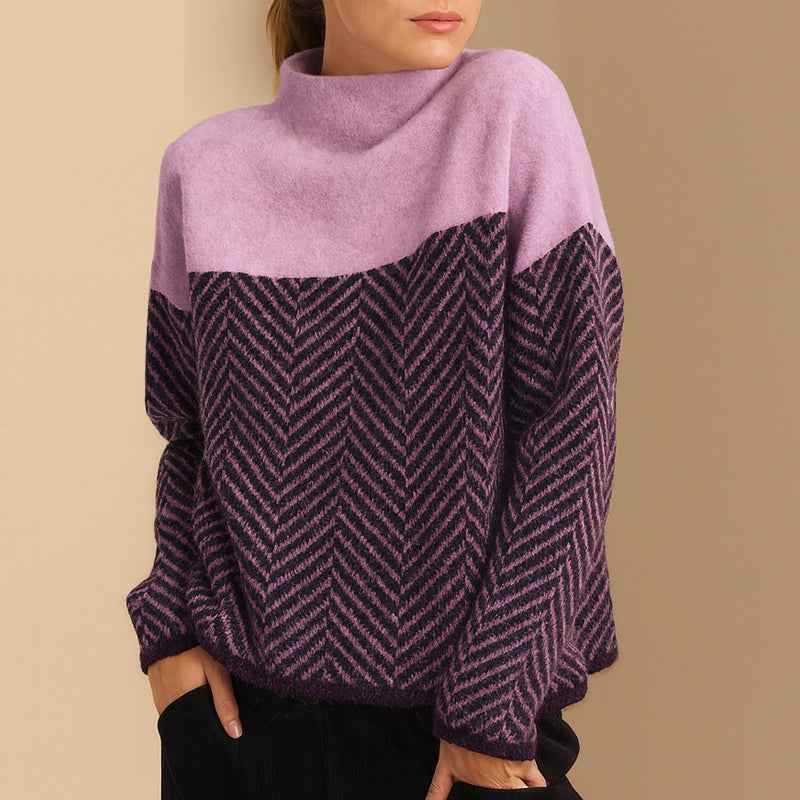 Women's Colorblock Chevron Turtleneck Sweater | Relaxed Fit Long Sleeve Purple