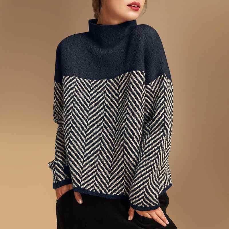 Women's Colorblock Chevron Turtleneck Sweater | Relaxed Fit Long Sleeve Blue