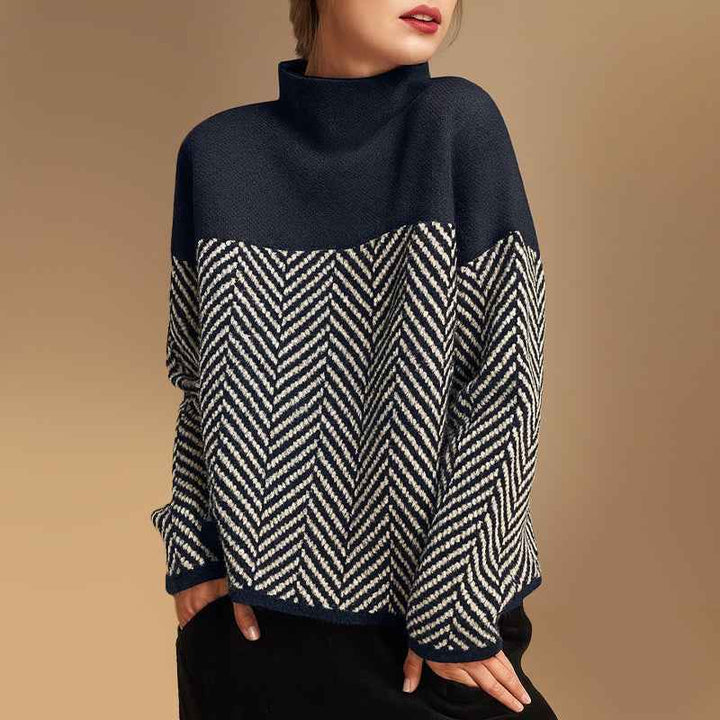 Women's Colorblock Chevron Turtleneck Sweater | Relaxed Fit Long Sleeve Blue