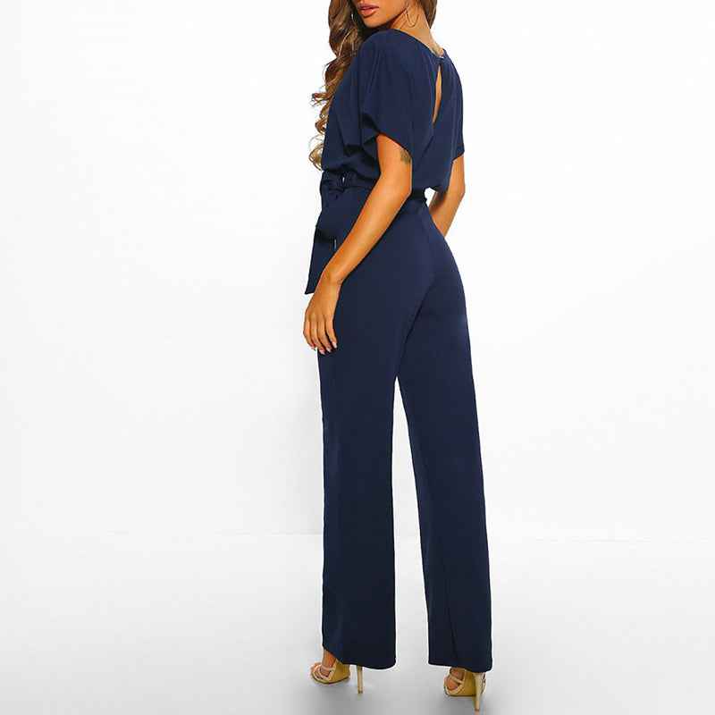 Women's Comfort Fit Jumpsuit – Short Sleeves, Wide Legs, Waist Belt