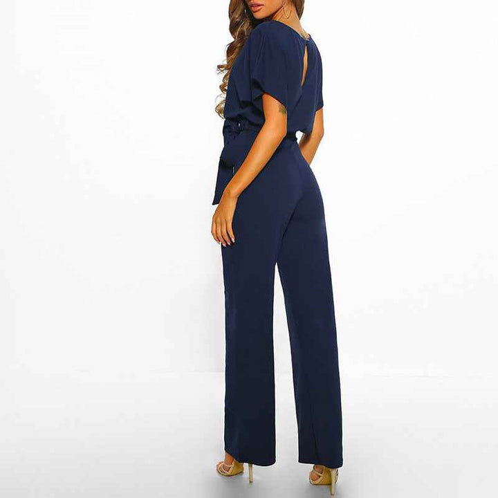 Women's Comfort Fit Jumpsuit – Short Sleeves, Wide Legs, Waist Belt
