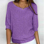Women's Blue Textured Knit Scoop Neck Balloon Sleeve Winter Sweater Purple
