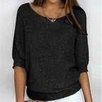 Women's Blue Textured Knit Scoop Neck Balloon Sleeve Winter Sweater Black