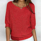 Women's Blue Textured Knit Scoop Neck Balloon Sleeve Winter Sweater Red